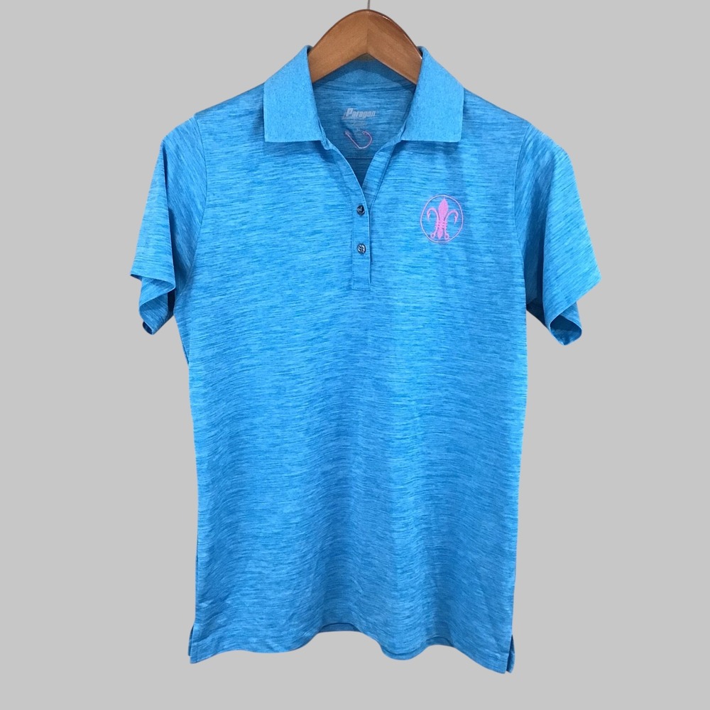 Paragon Womens XL Blue Space Dye Performance Polo Fleur De‎ Lis Fishhook Logo